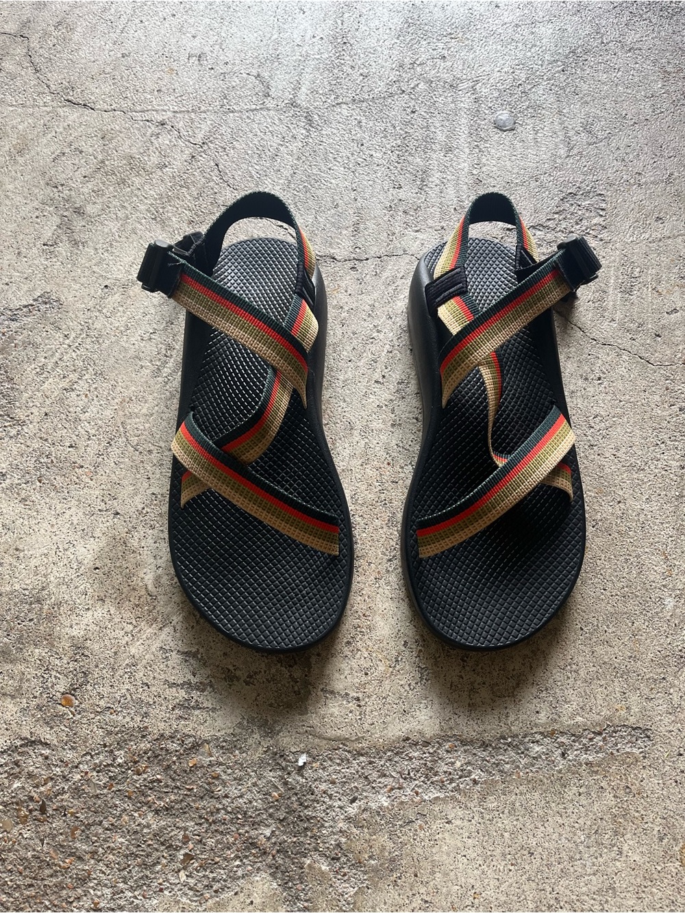 Chaco Black Sandals with Red, Green & Tan Straps